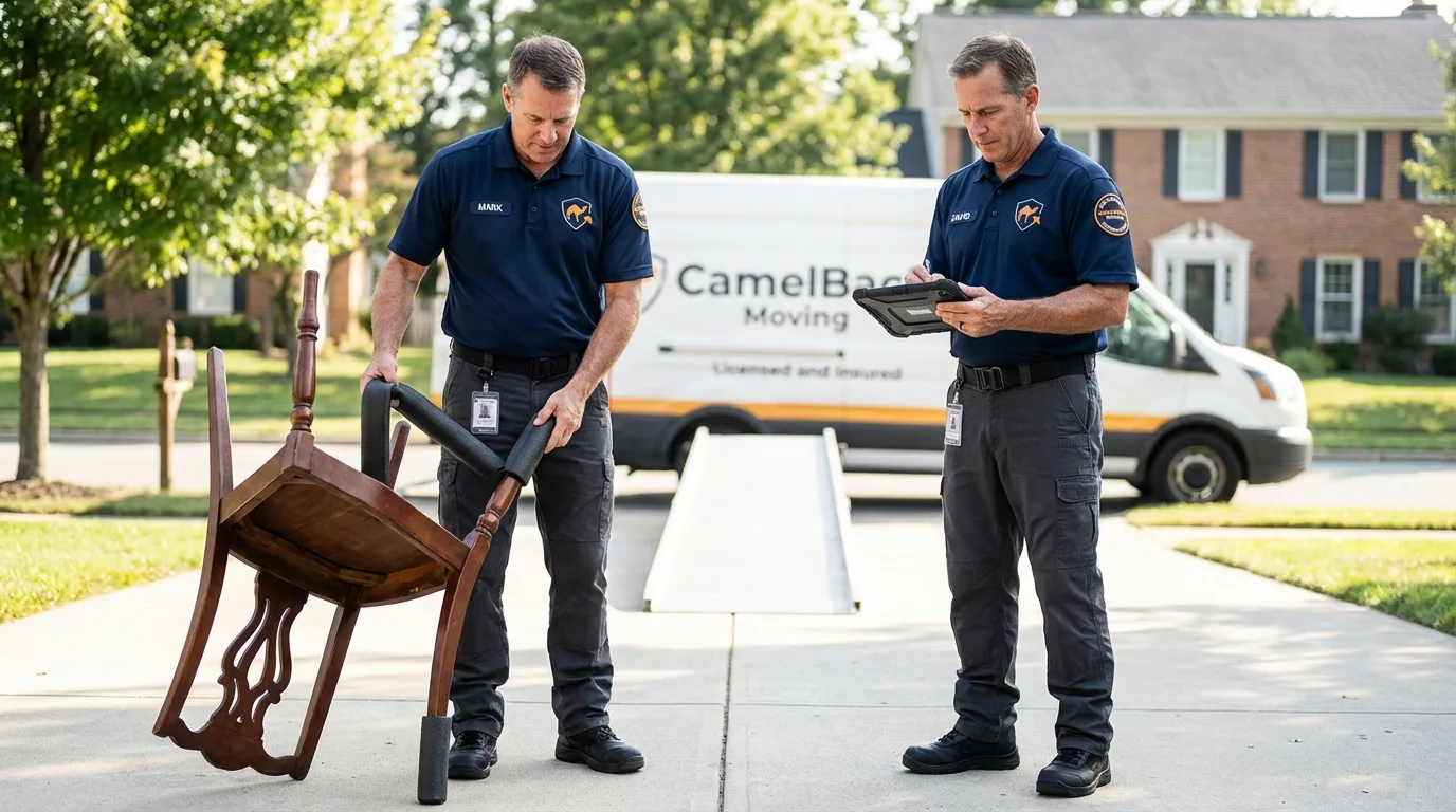 Movers inspecting furniture for damage prevention before loading in Millersville, PA