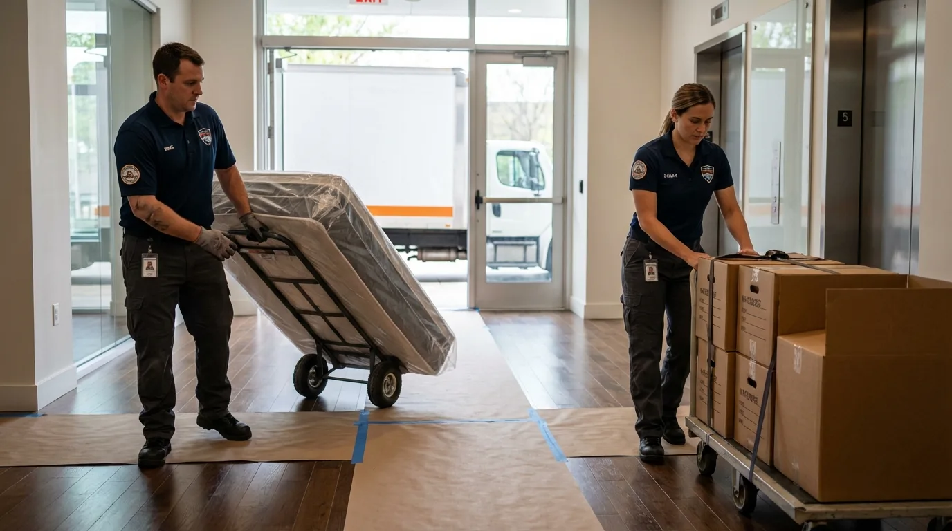 Professional apartment movers loading elevator in Millersville, PA
