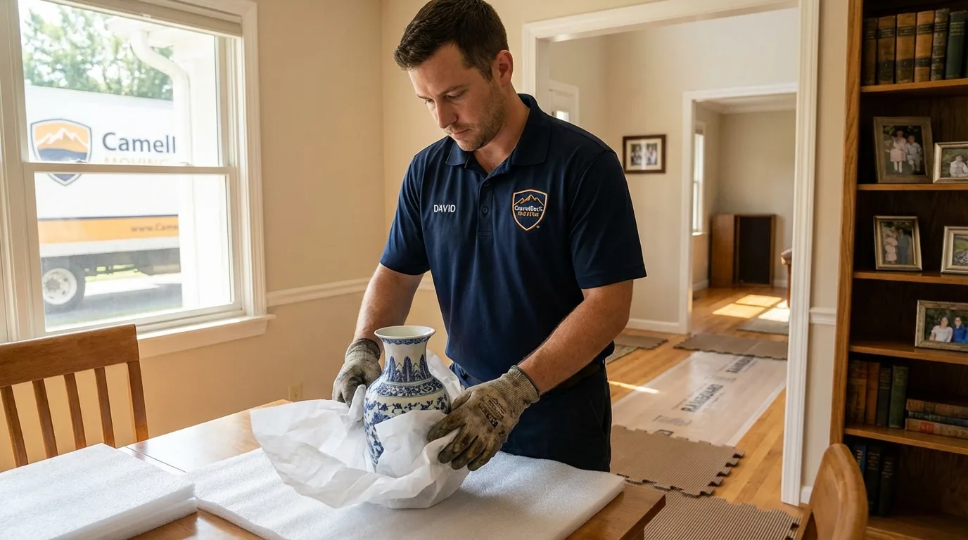Professional crew carefully wrapping antique vase for senior downsizing move in Millersville, PA